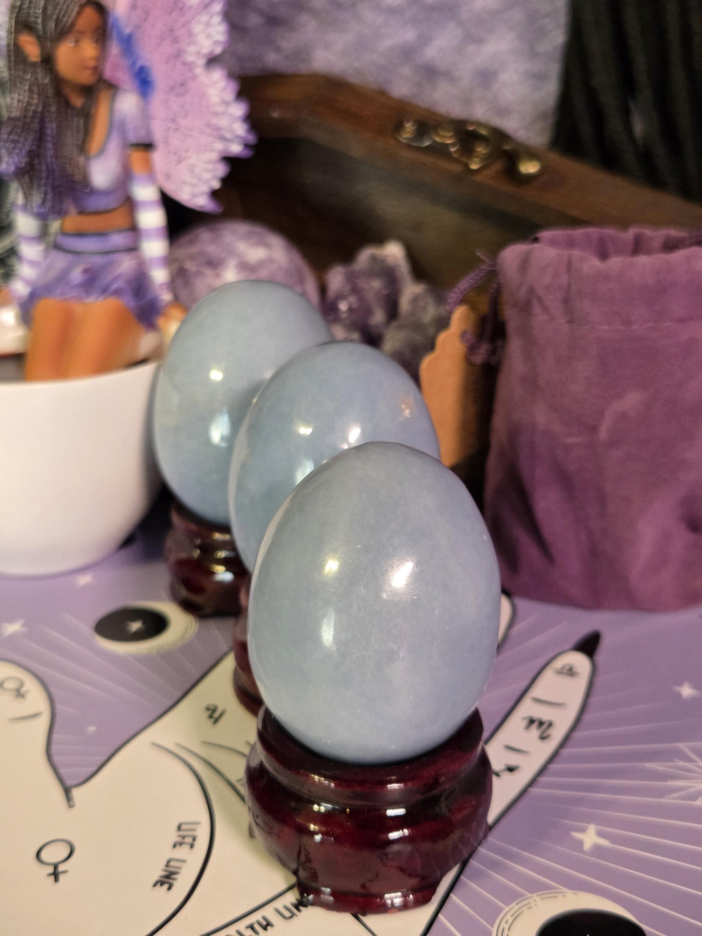 Small Angelite Celestite Crystal Sphere with stand